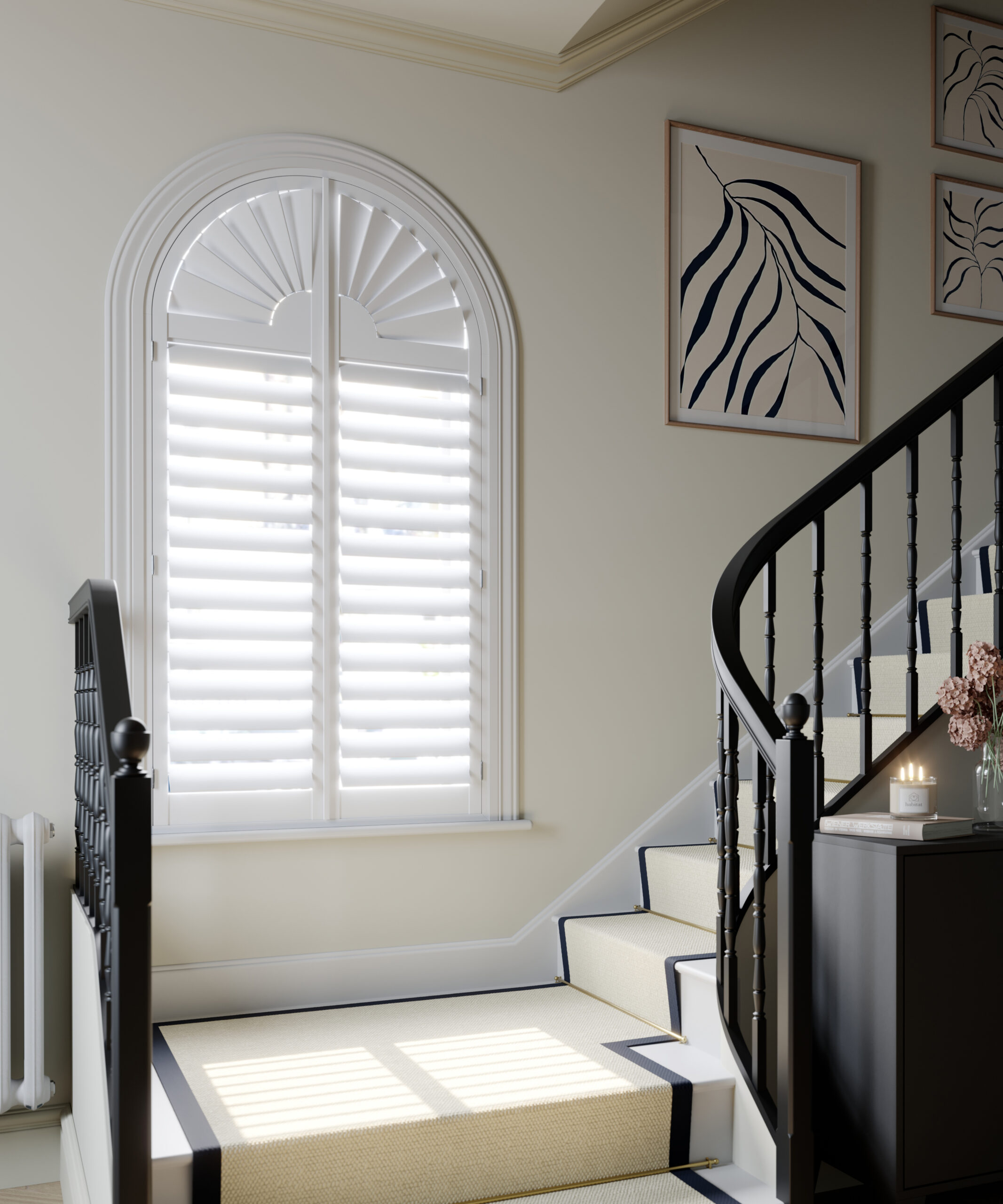 Landing, Full Height Sunburst Arch, Vivid White, 76mm Slats